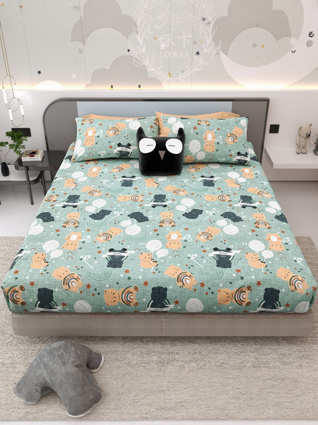Myntra Elegant Homes Green Cartoon Characters 200 TC King Bedsheet with 2 Pillow Covers