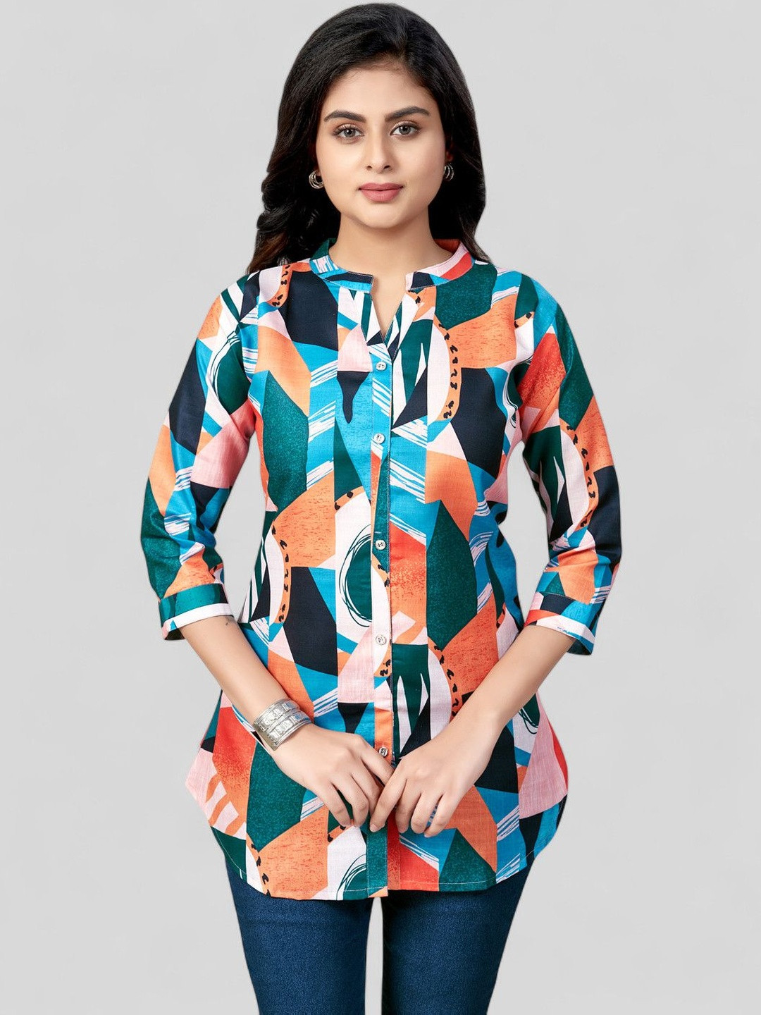 Saree Swarg Print Mandarin Collar Top