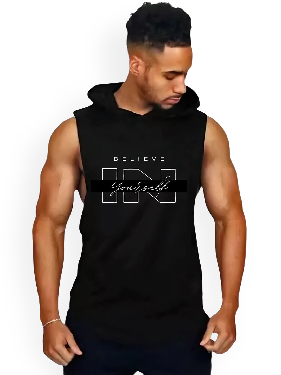 Fashnobic Men Believe In Yourself Printed Hooded Neck Gym Vest