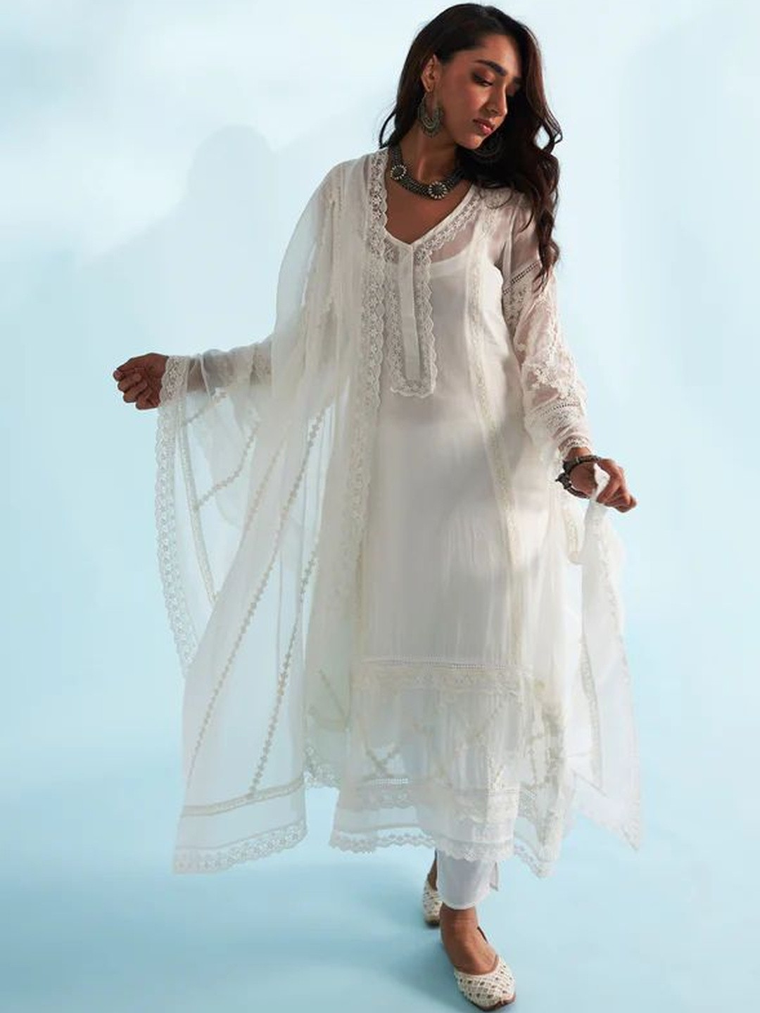 ROZE Women White Organza Lace Border Dupatta