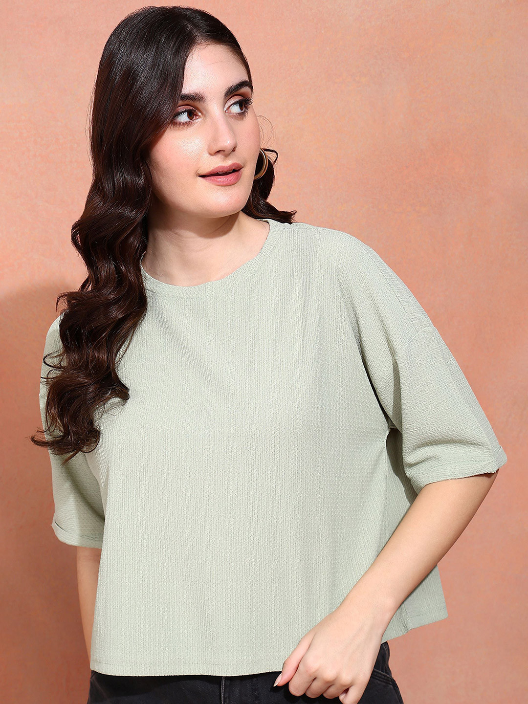 ANN SPRINGS Women Textured Self Design Round Neck Top