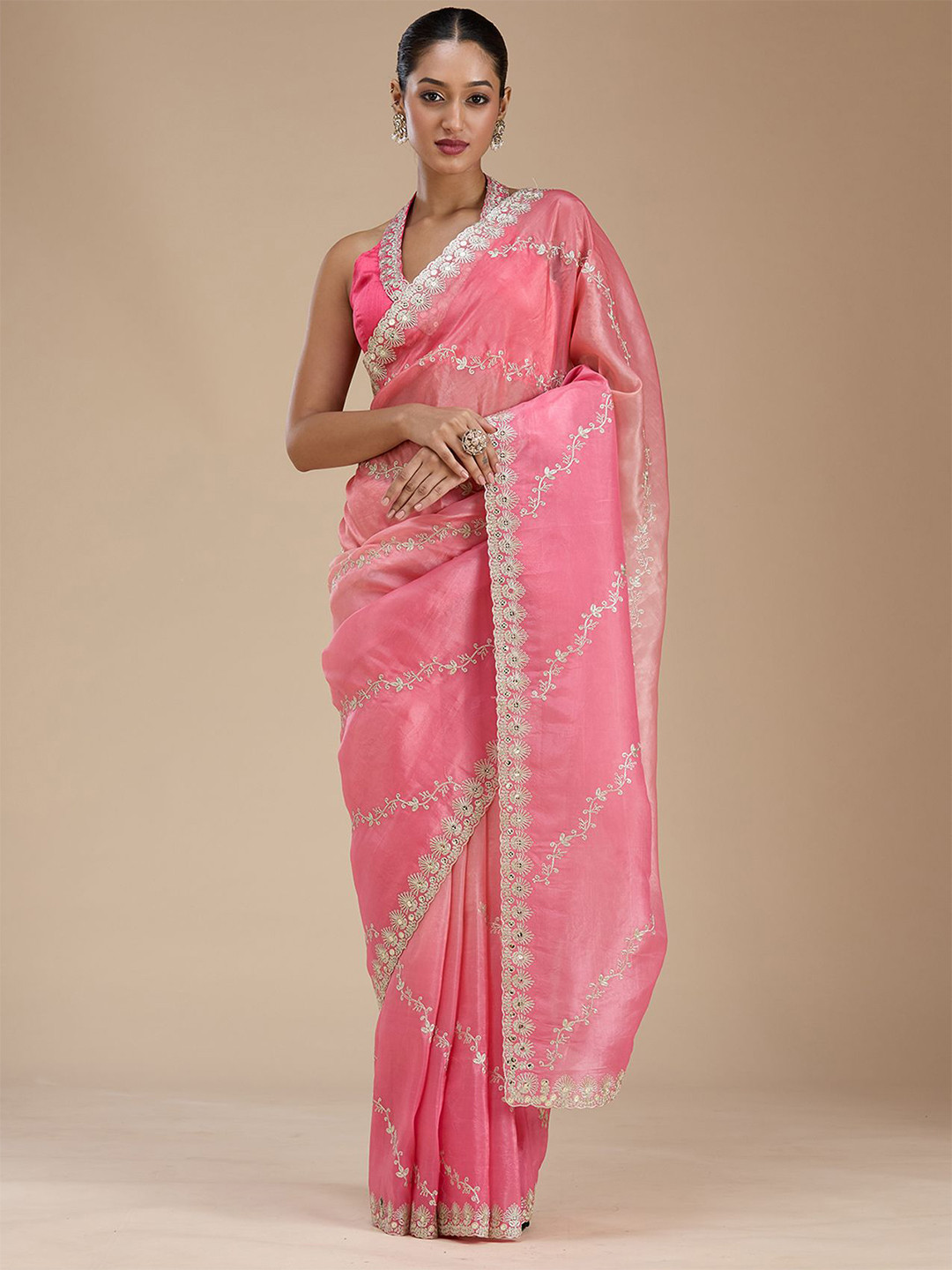 Koskii Gajari Pink Gotapatti Crepe Saree