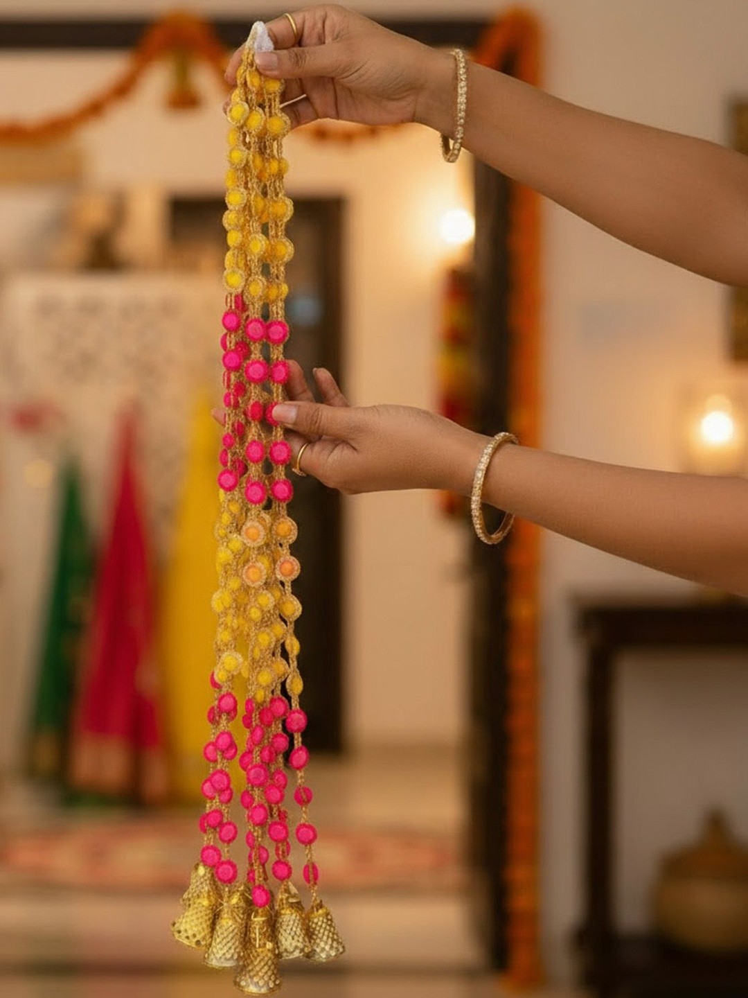 Go Hooked Set of 10 Marigold Pom Poms & Golden Bells Toran Garland Door Hanging