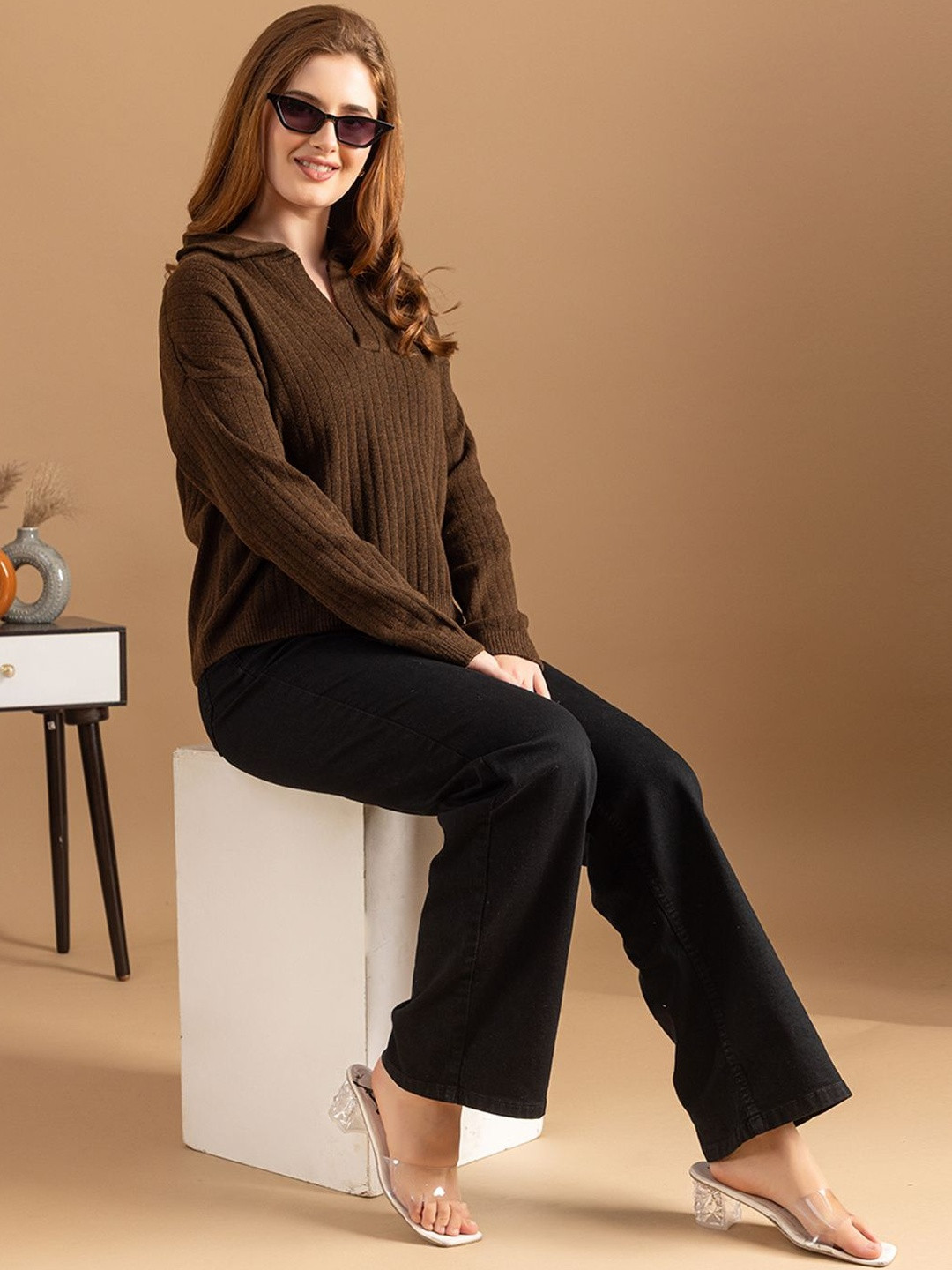 Roadster Women Brown Ribbed Knitted Polo Neck Sweater