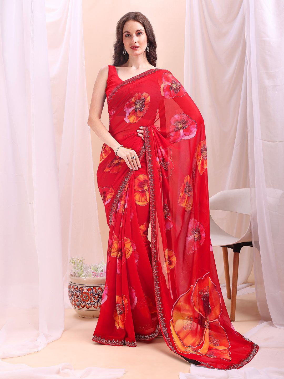 Leelavati Women Embellished Floral Pure Chiffon Saree
