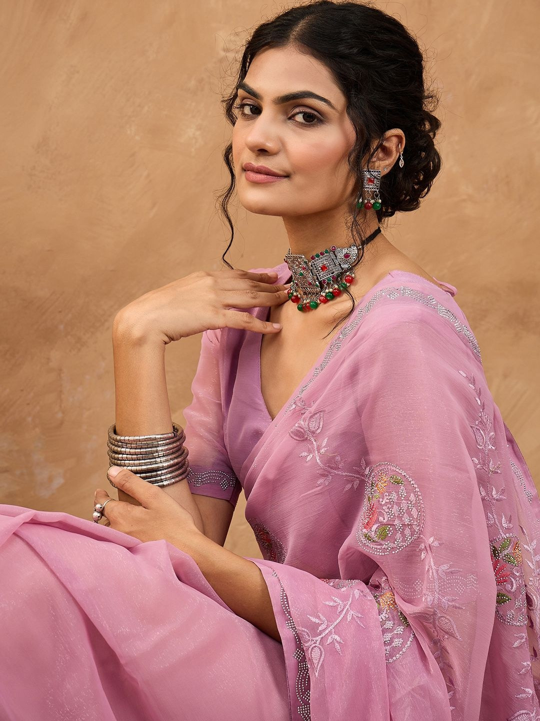 Saree mall Floral Embroidered Beaded Pure Georgette Sarees