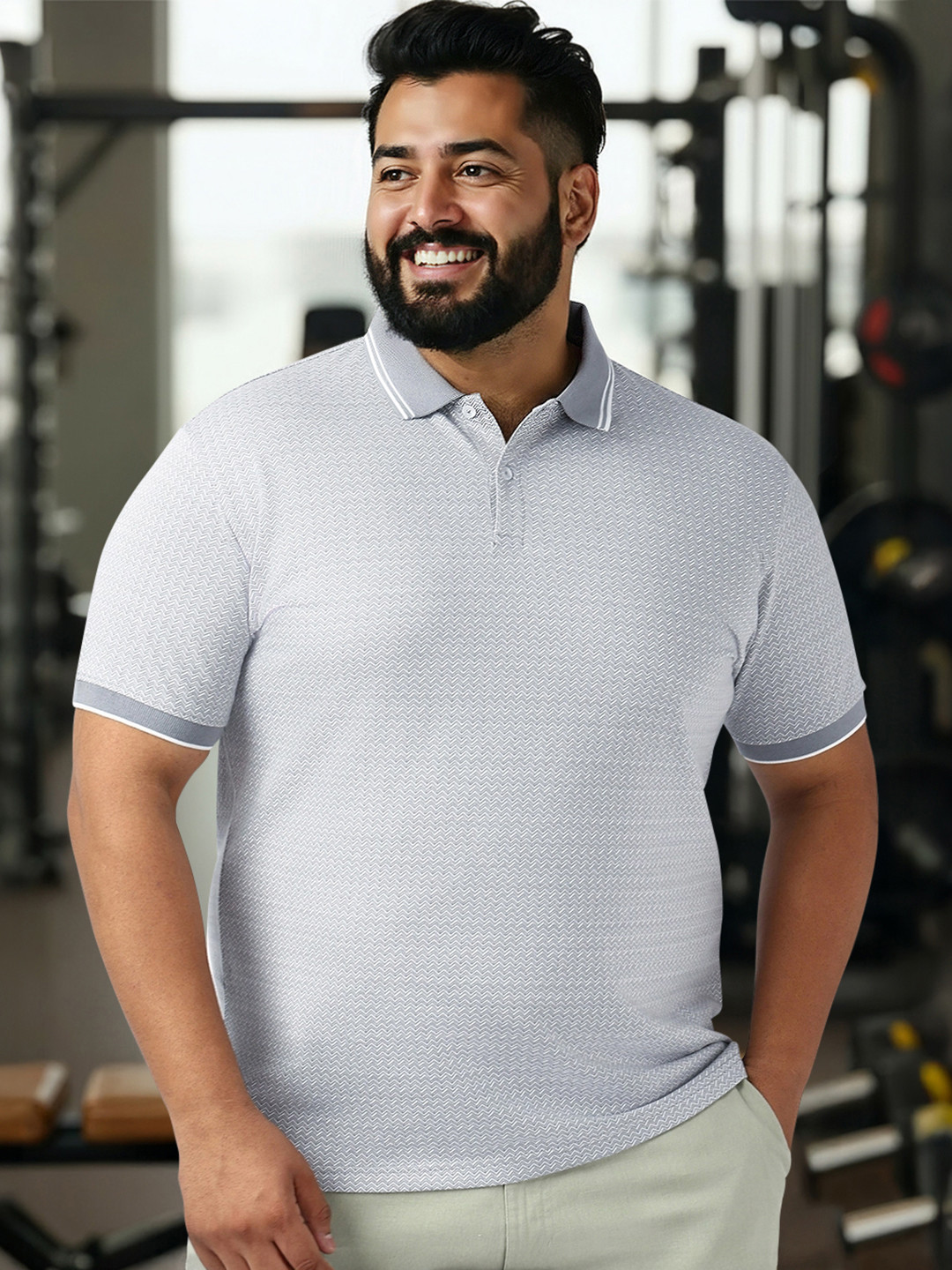 Bewakoof Men's Light Grey Micro Geometric Printed Plus Size Polo T-shirt