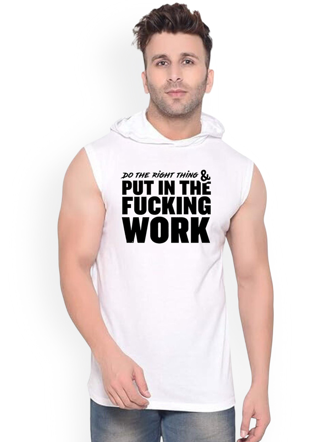 Fashnobic Men Do The Right Thing Printed Hooded-Neck Sleeveless Gym Vest