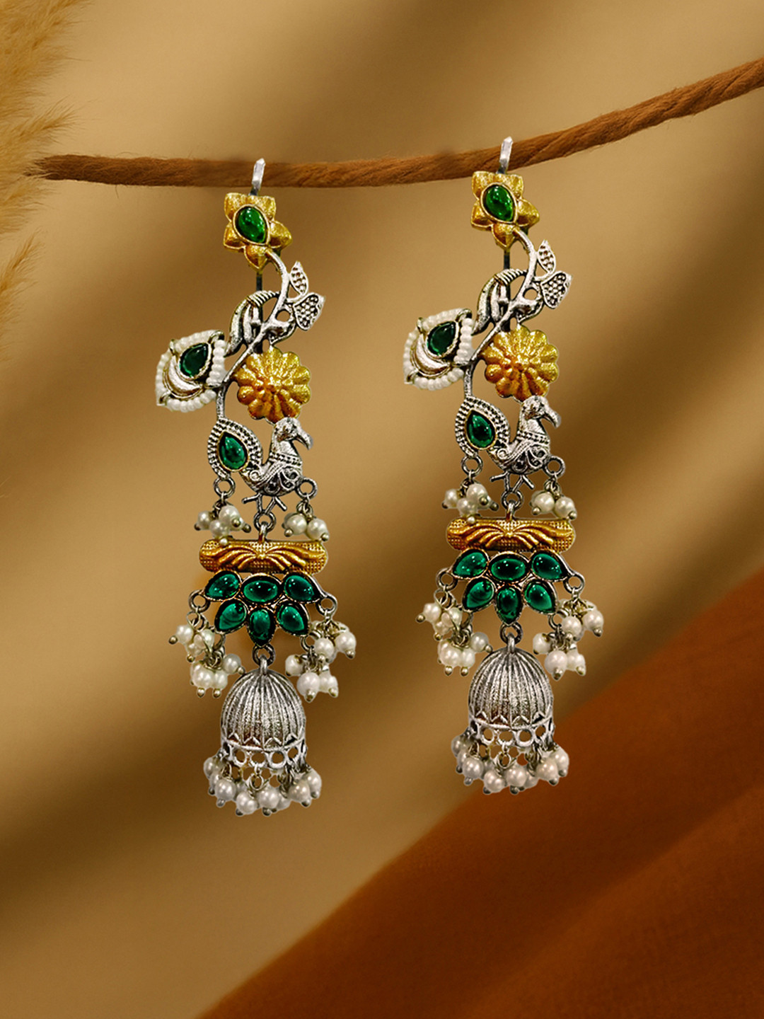 Kalakrith Milano Stone Studded & Pearls Beaded Oxidised Dome Shaped Jhumkas With Ear Cuffs