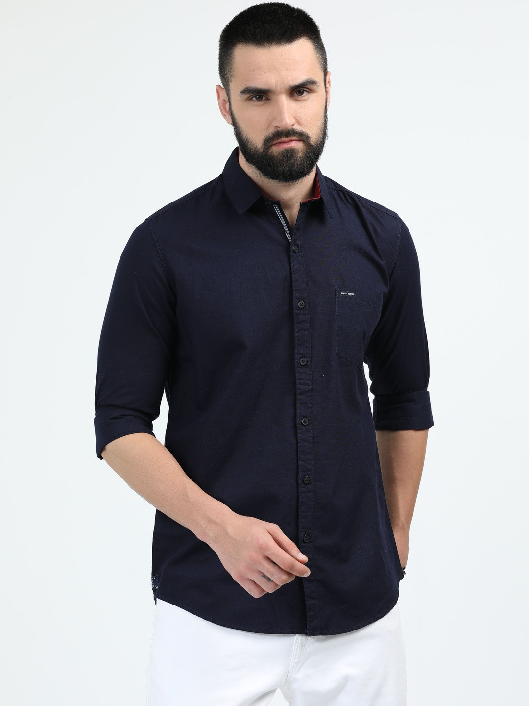 RS Fashions Men Navy Blue Cotton Linen Slim Fit Comfort Shirts