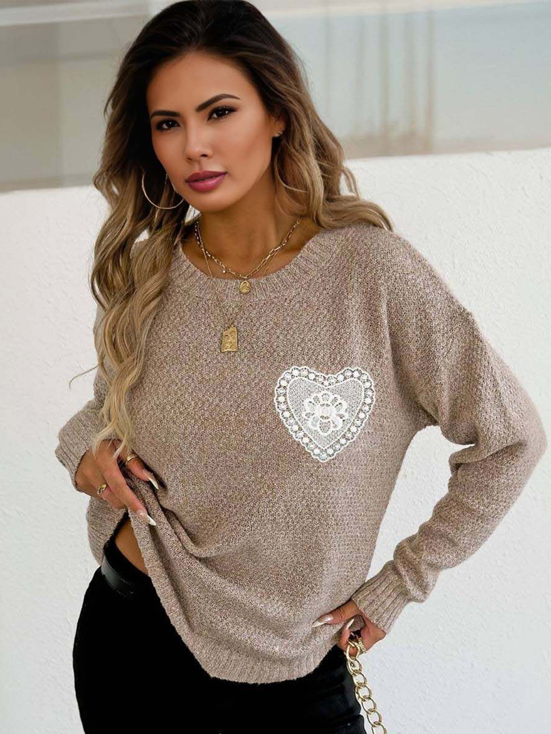 Mast & Harbour Pullover Sweater with Crochet Heart Patch