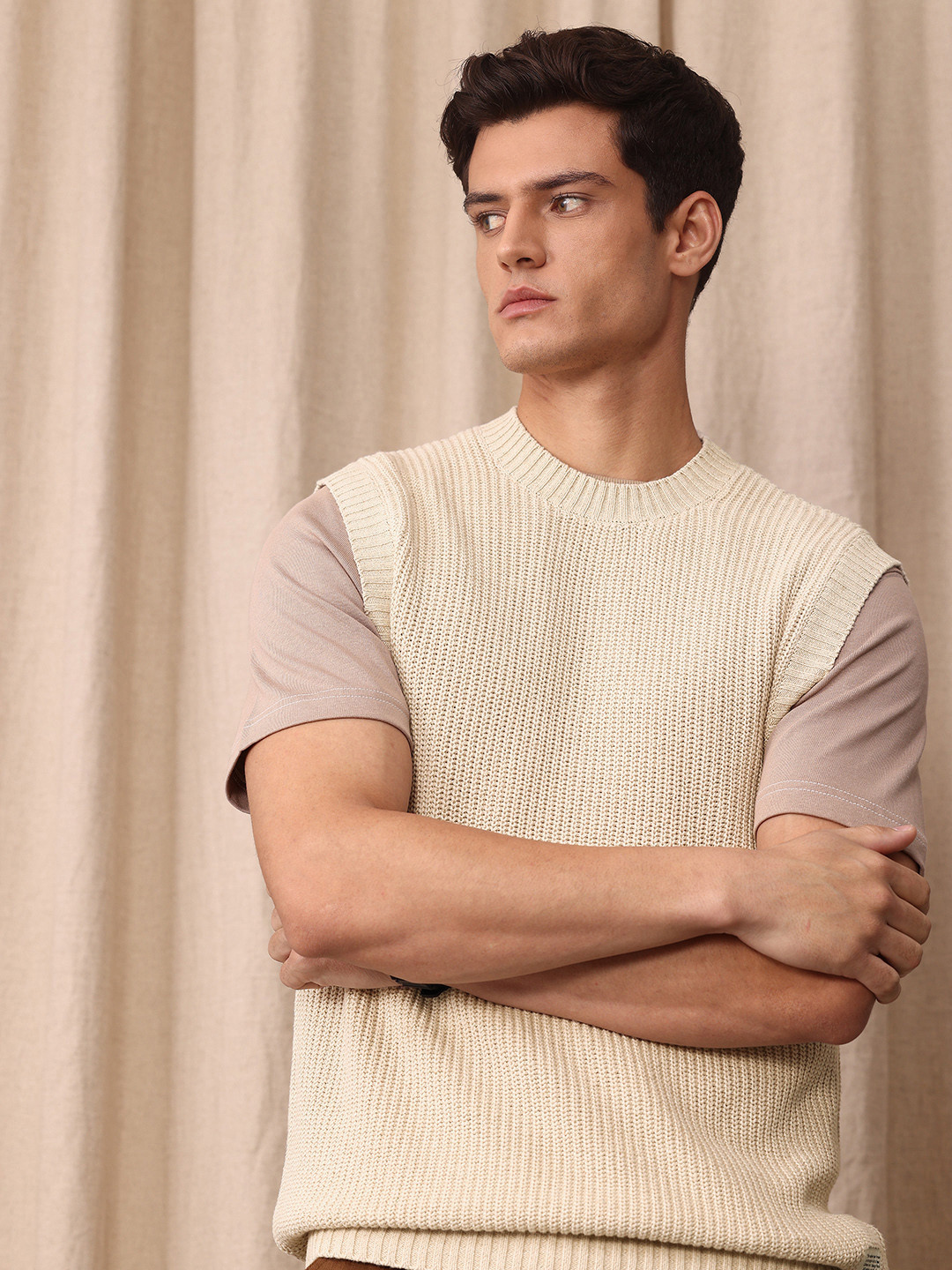 Mr Bowerbird Cotton Linen Liberal Fit Self Design Cable Knit Sweater Vest