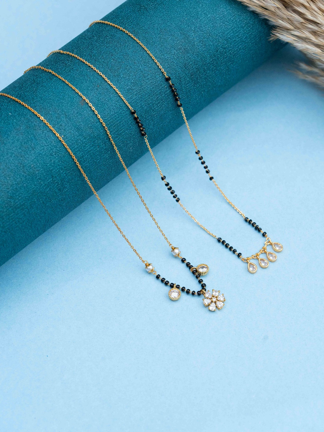Zeraki Jewels Meher And Aditi Set Of 2 Stones Studded & Beaded Teardrop Shape Mangalsutras