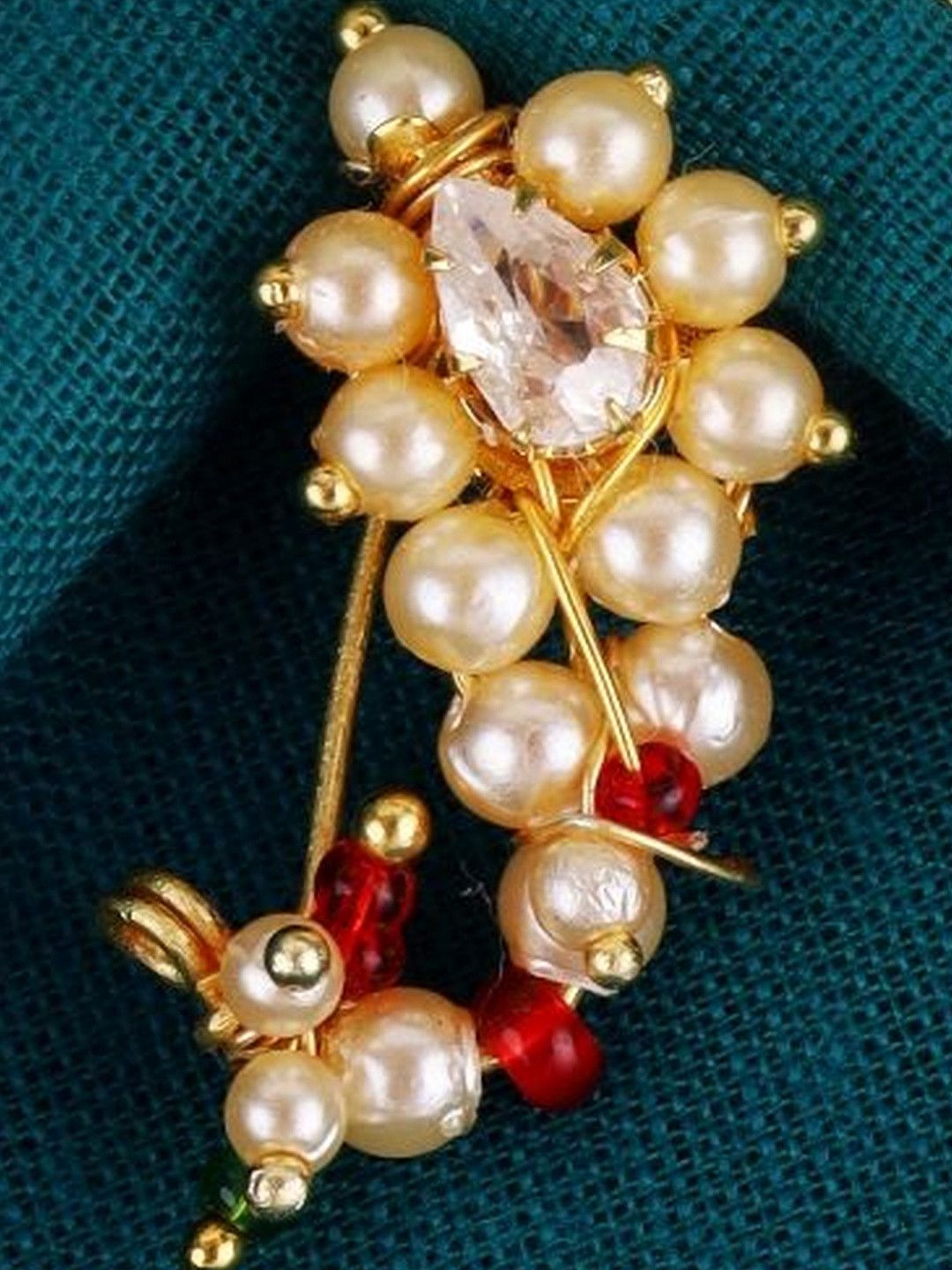 SALONI FASHION JEWELLERY Maharashtrian Gold-Plated Pearls Septum Nosepin