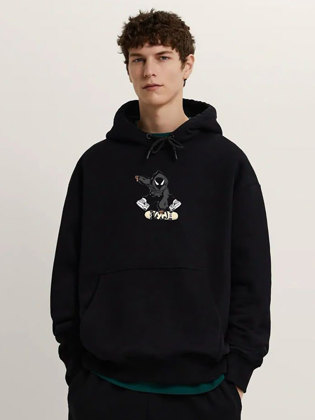 Men Black Spidey Printed Hooded Sweatshirt