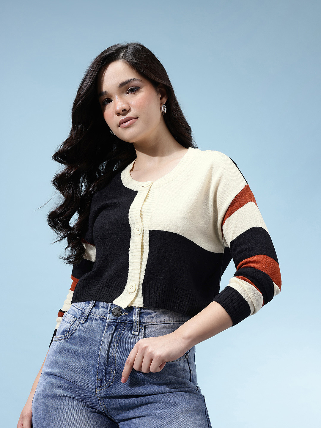 glitchez Colorblocked Oversized Crop Cardigan