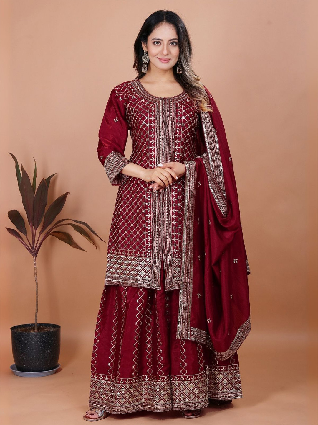 ODETTE Women Maroon Chinon Embroidered Regular Thread Work Kurta & Sharara With Dupatta