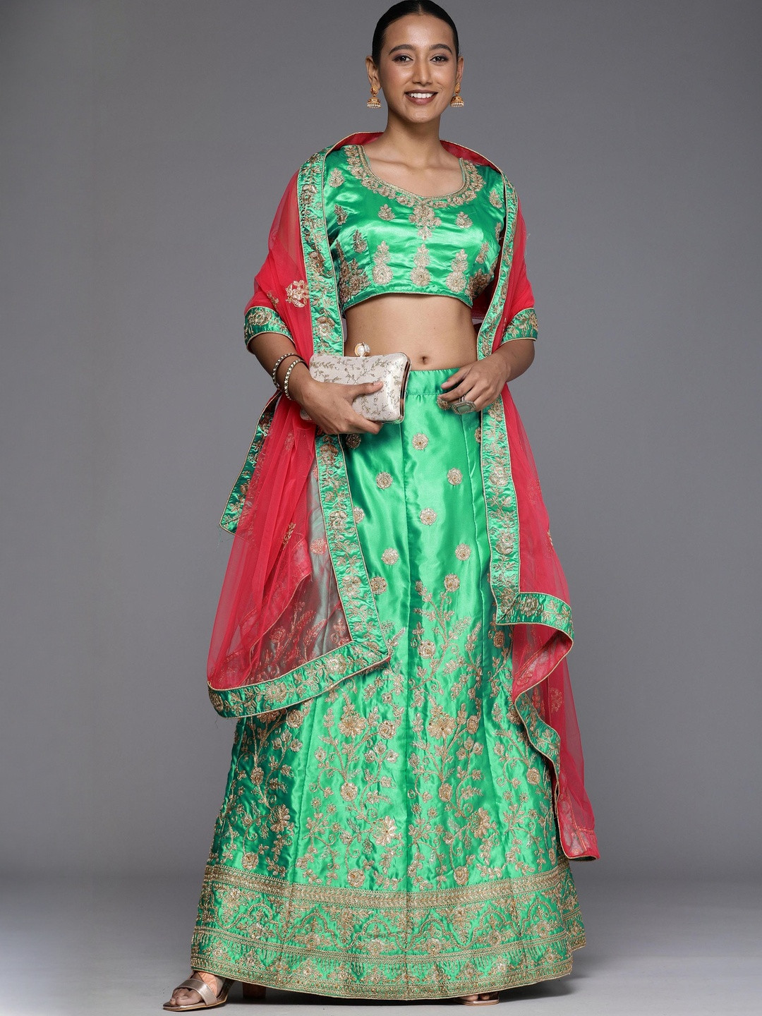 Suha Women Green Satin Embroidered Unstitched Lehenga Choli