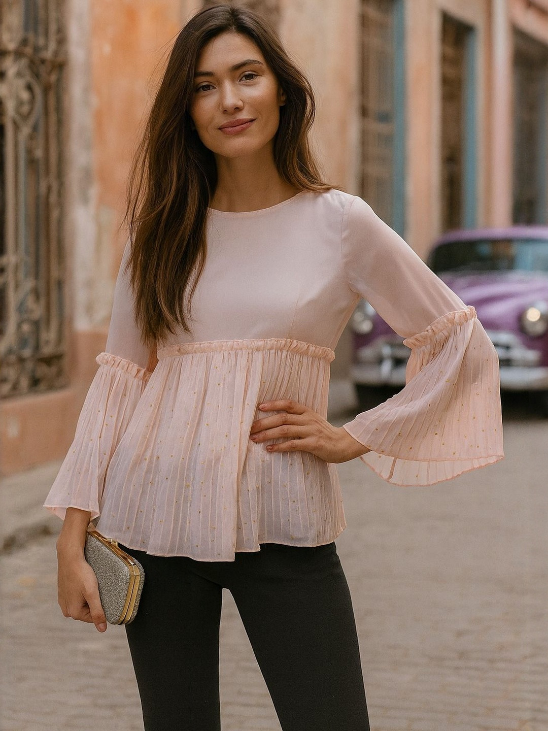 CORSICA Women Foil Printed Full Sleeves Pleated Peplum Tops