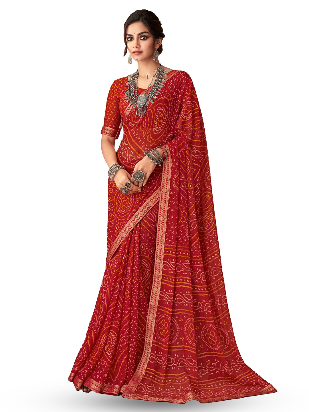 INDONIQ Bandhani Printed Zari Bandhani Saree With Blouse Piece