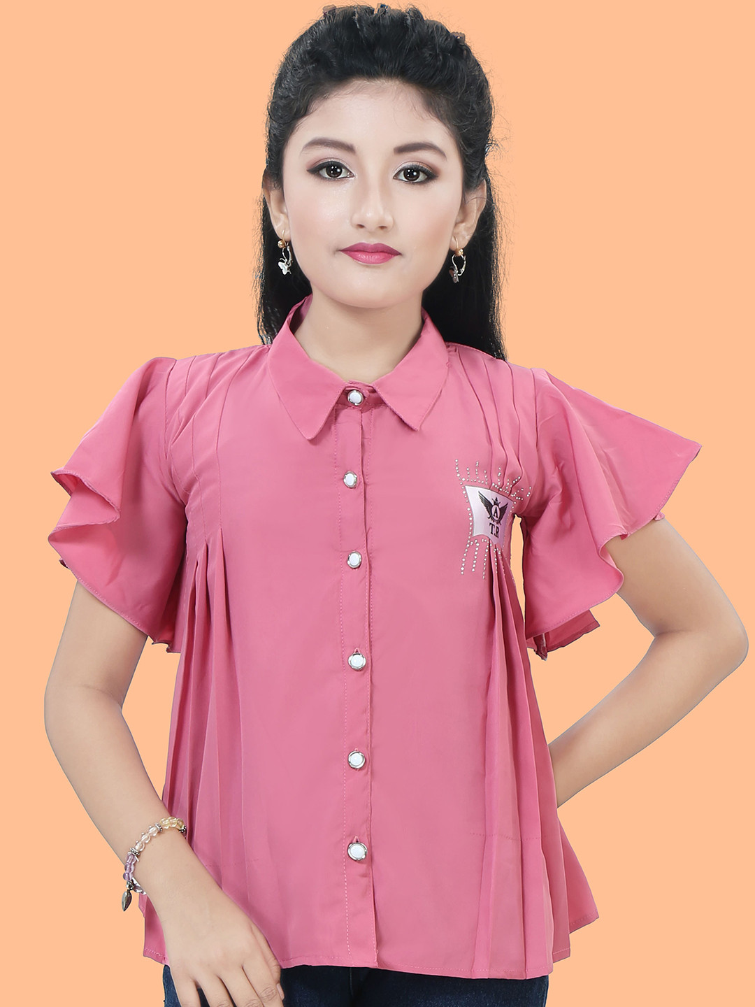 Darji Fashion Girls Pink Casual Cotton Blend Flared Sleeve Shirt Style Top