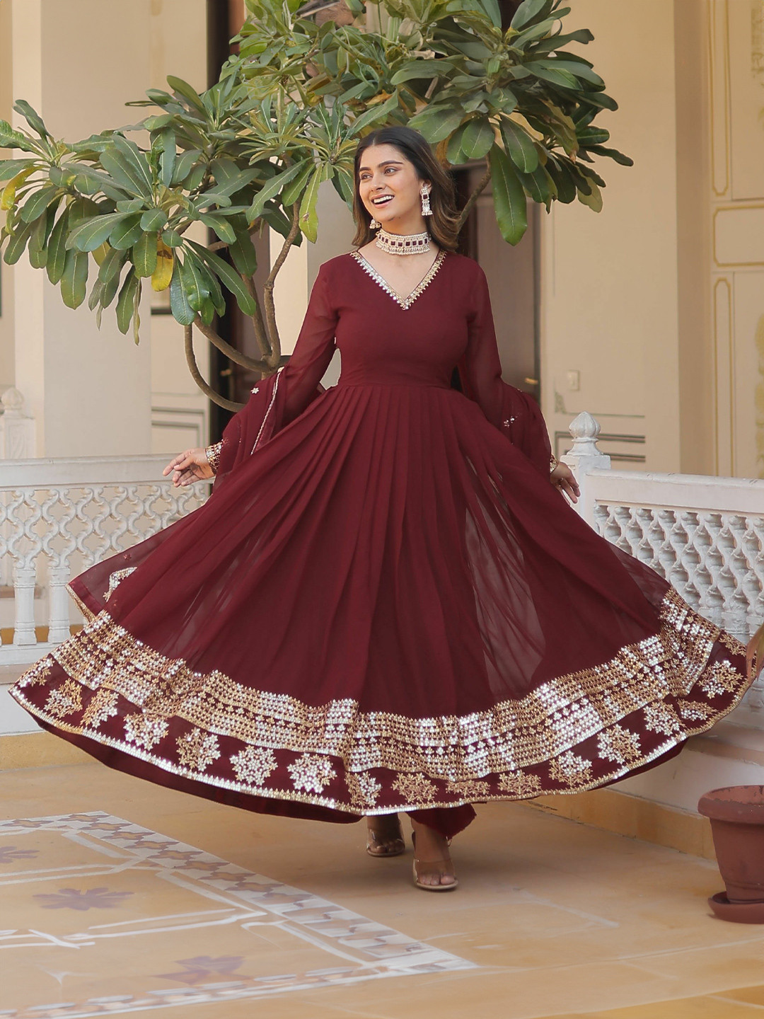 GLOSIA DESIGN Floral Embroidered Thread Work Georgette Ethnic Dress With Dupatta