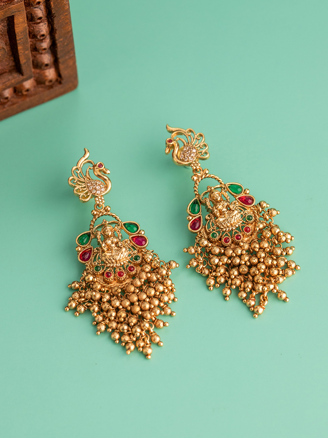 Voylla Gold-Plated Opulence Mayura Mahadevi Temple Peacock Shaped Drop Earrings
