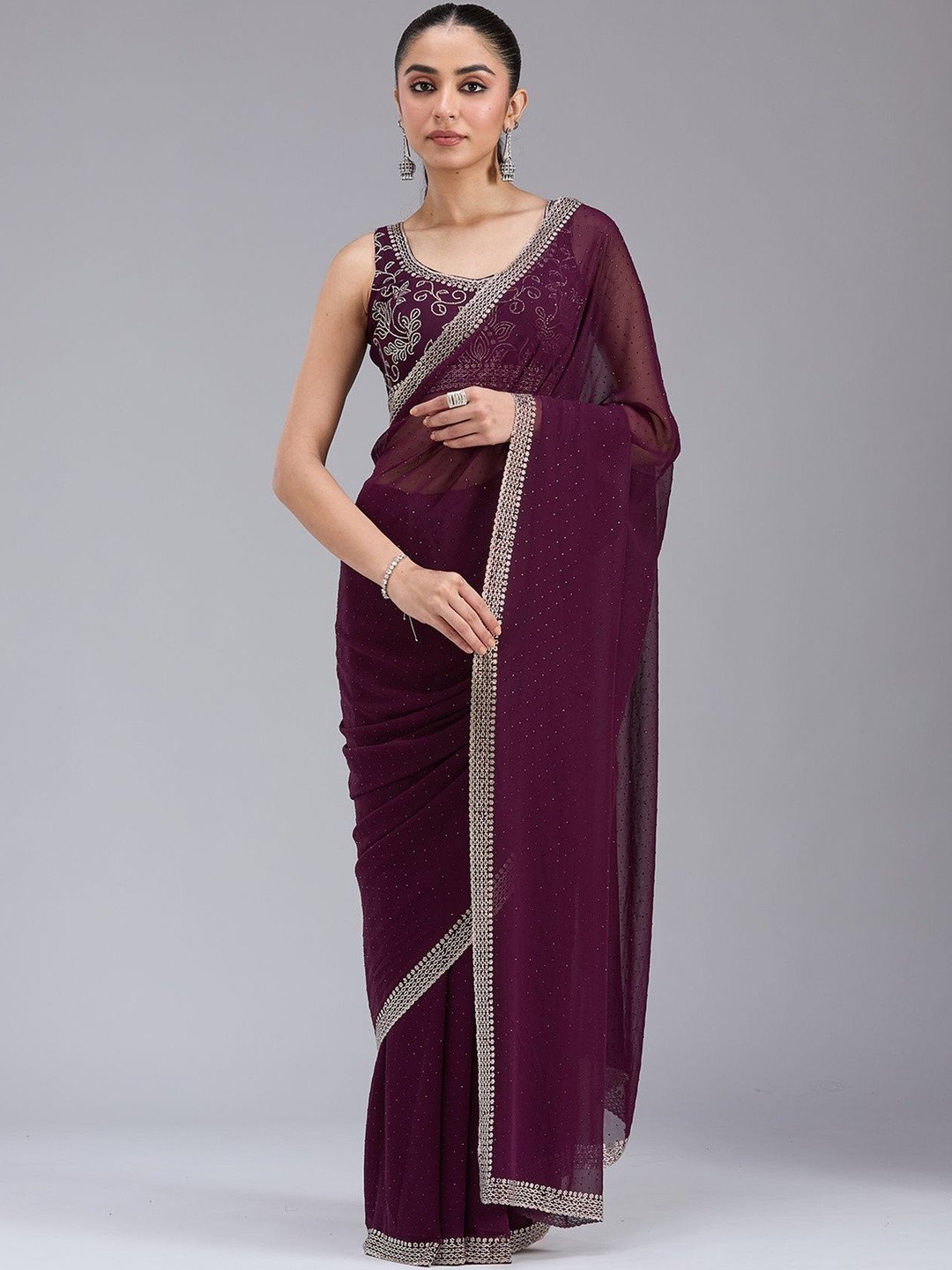 Koskii Women Embellished Embroidered Purple Stonework (Gold) Georgette Saree