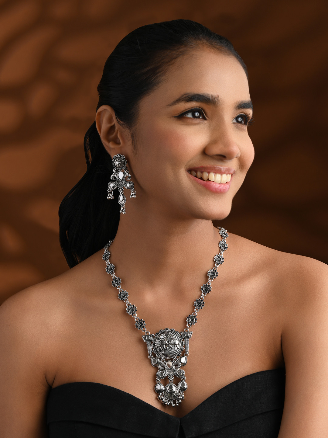 I Jewels Silver-Plated Ghungroo Beaded Oxidised Long Necklace And Earrings
