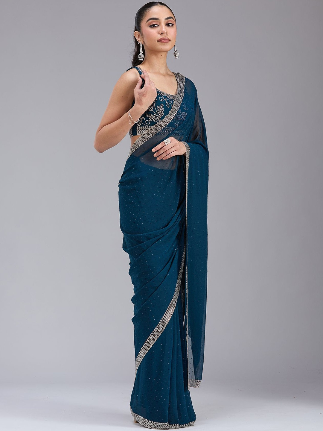 Koskii Peacock Blue Stonework Saree