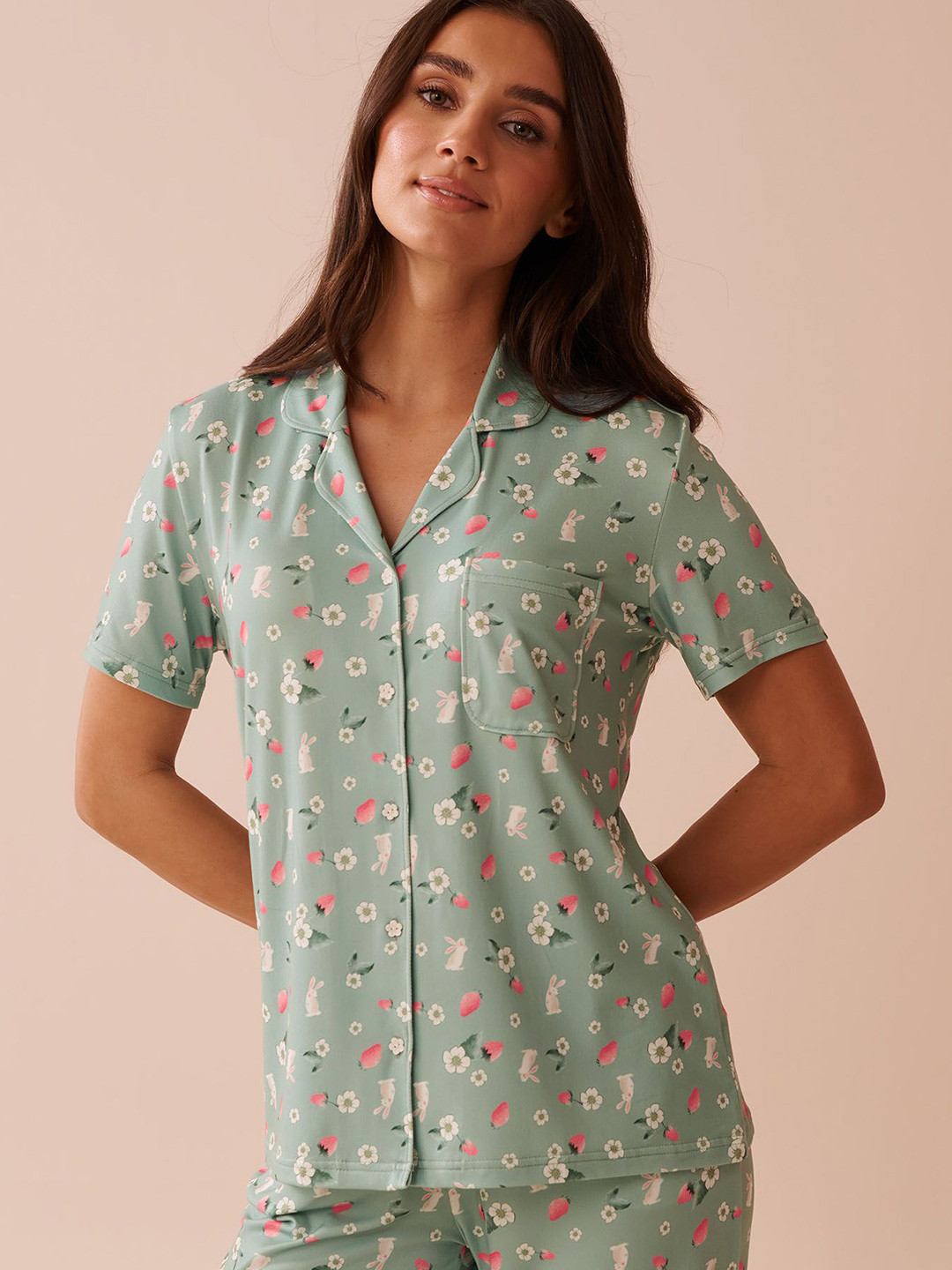 La Vie en Rose Women Rabbit & Strawberry Printed Super Soft Button Down Lounge Shirt