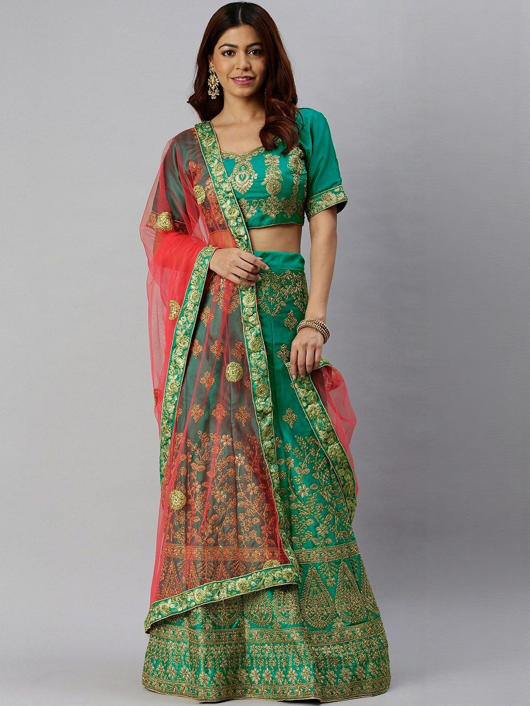 Suha Women Green Satin Embroidered Unstitched Lehenga Choli