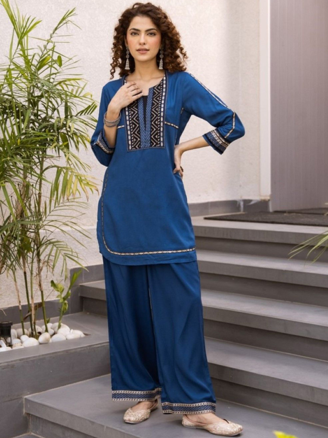 AUTUMN LANE Stravi Tiffany Printed Notch Neck Pure Cotton Tunic With Palazzo Co-Ords