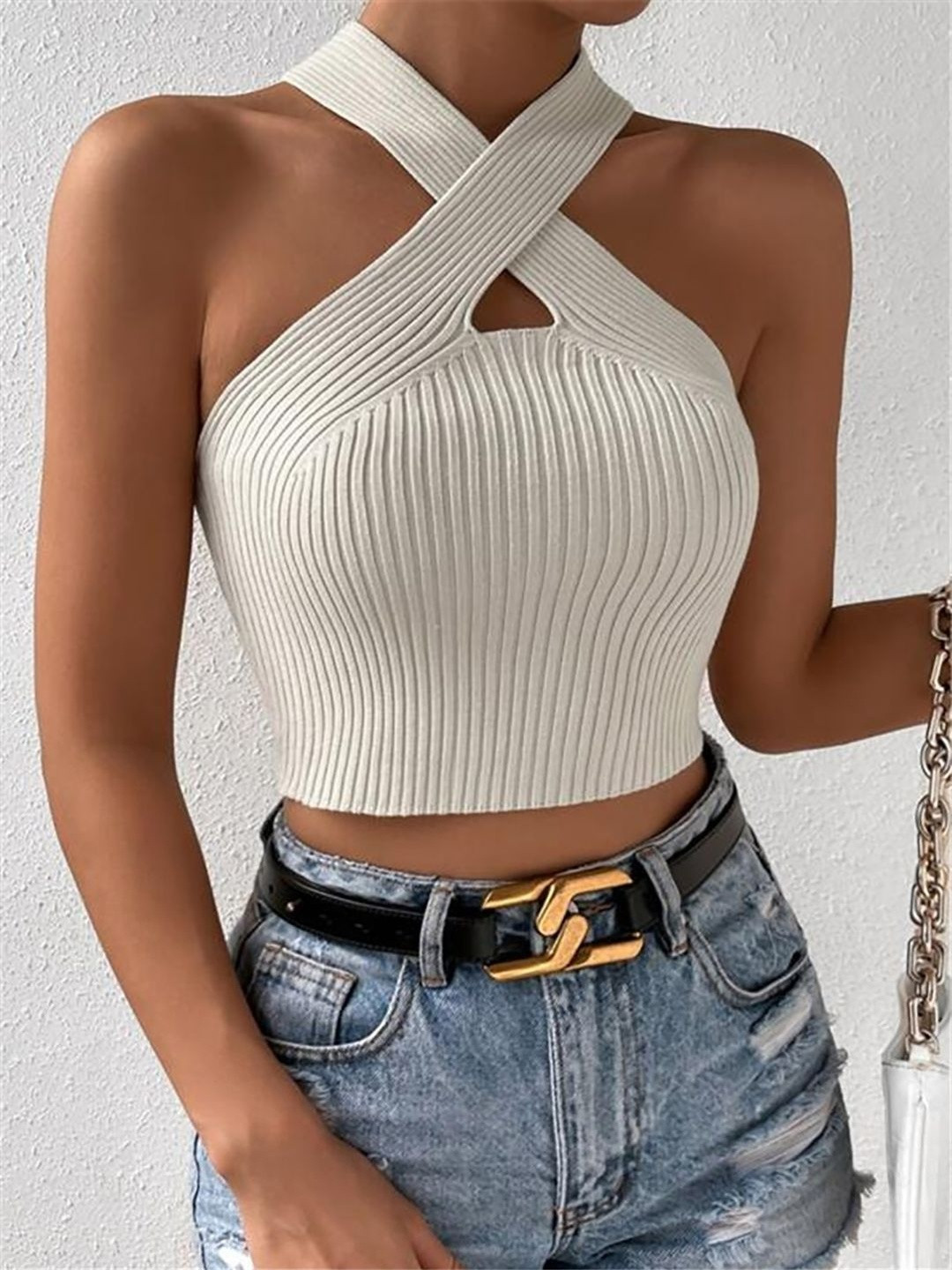 StyleCast Off White Ribbed Halter Neck Crop Top