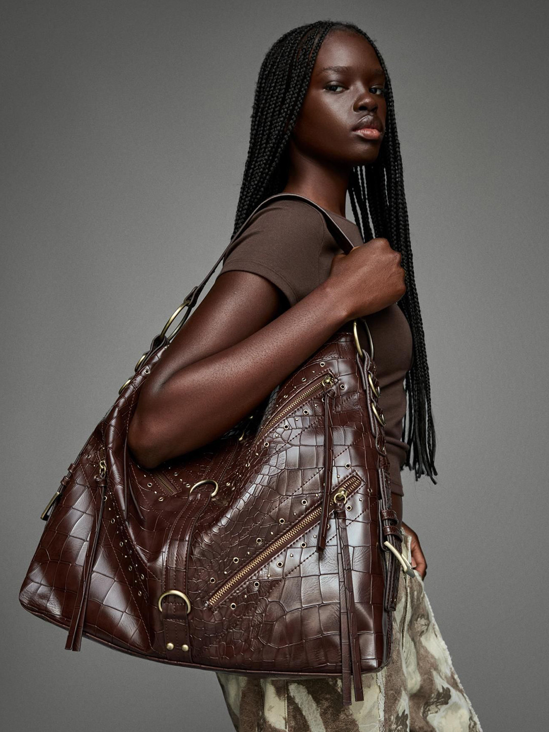 Bershka Women Textured Structured Studded Leather Effect Maxi Shoulder Bag