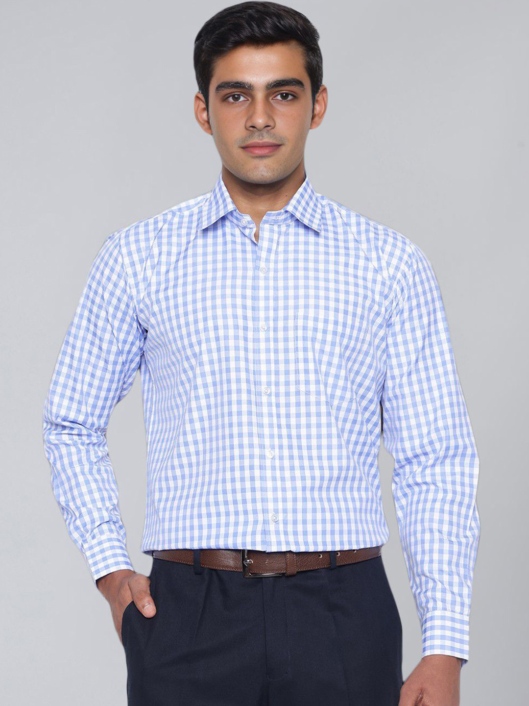 ACCOX Men Comfort Fit Gingham Checked Spread Collar Cotton Formal Shirt
