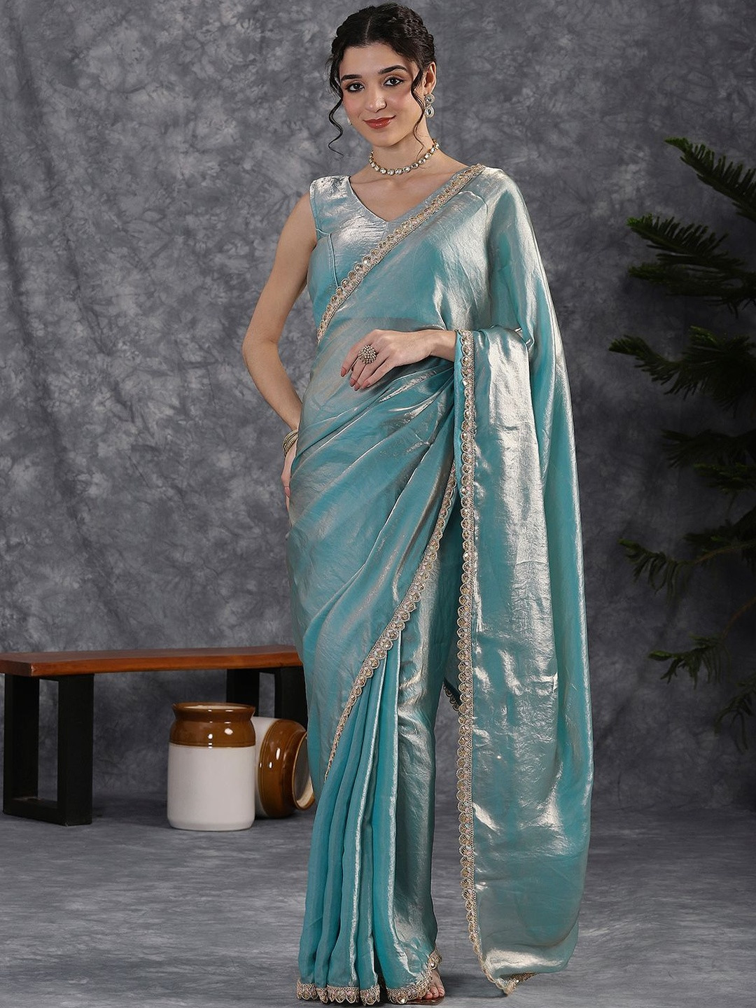 GEN Z TRENDS Embellished Sequinned Heavy Work Tissue Saree With Blouse Piece