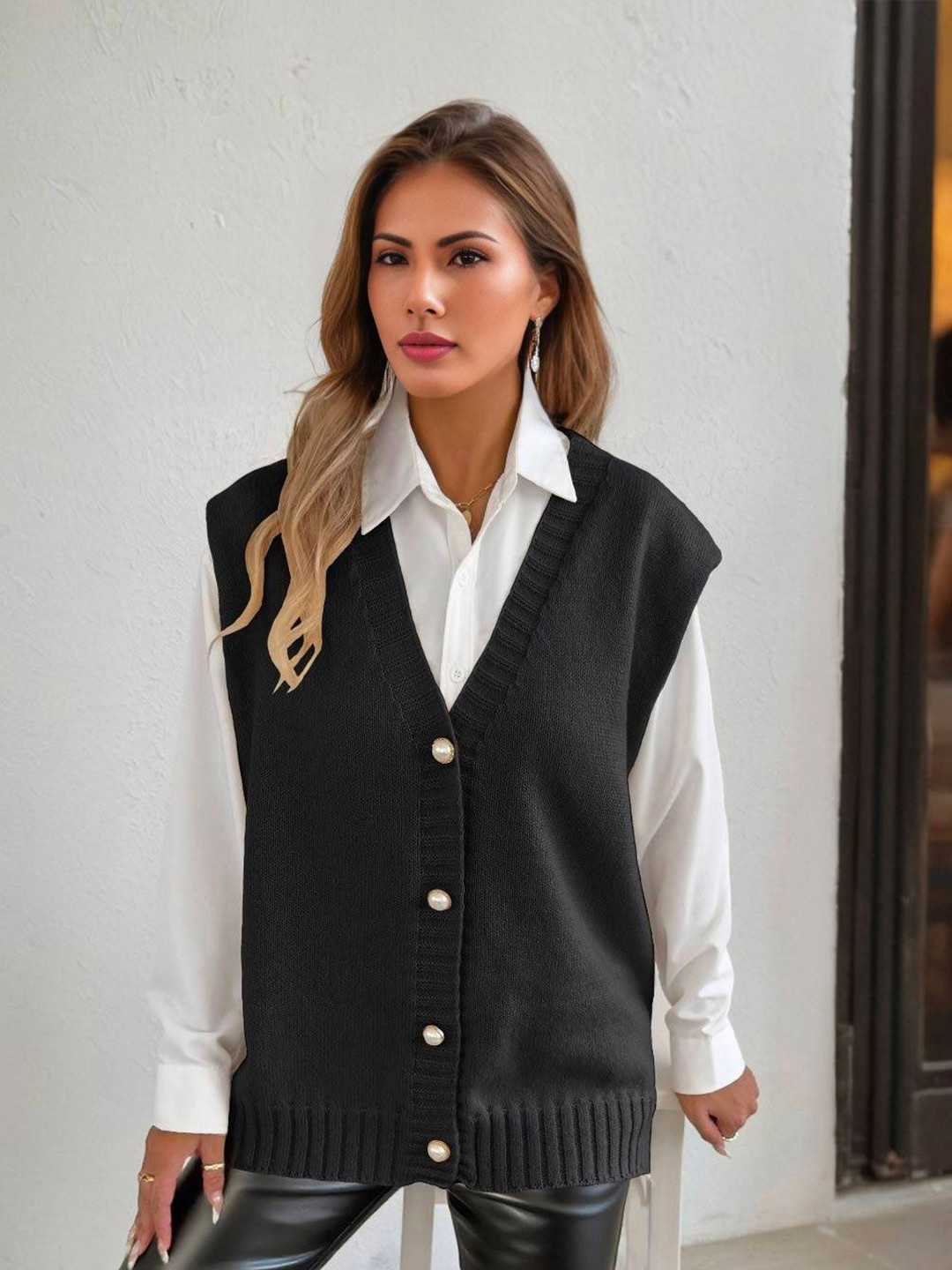 Mast & Harbour Women Textured V-Neck Sleeveless Longline Cardigan Sweaters