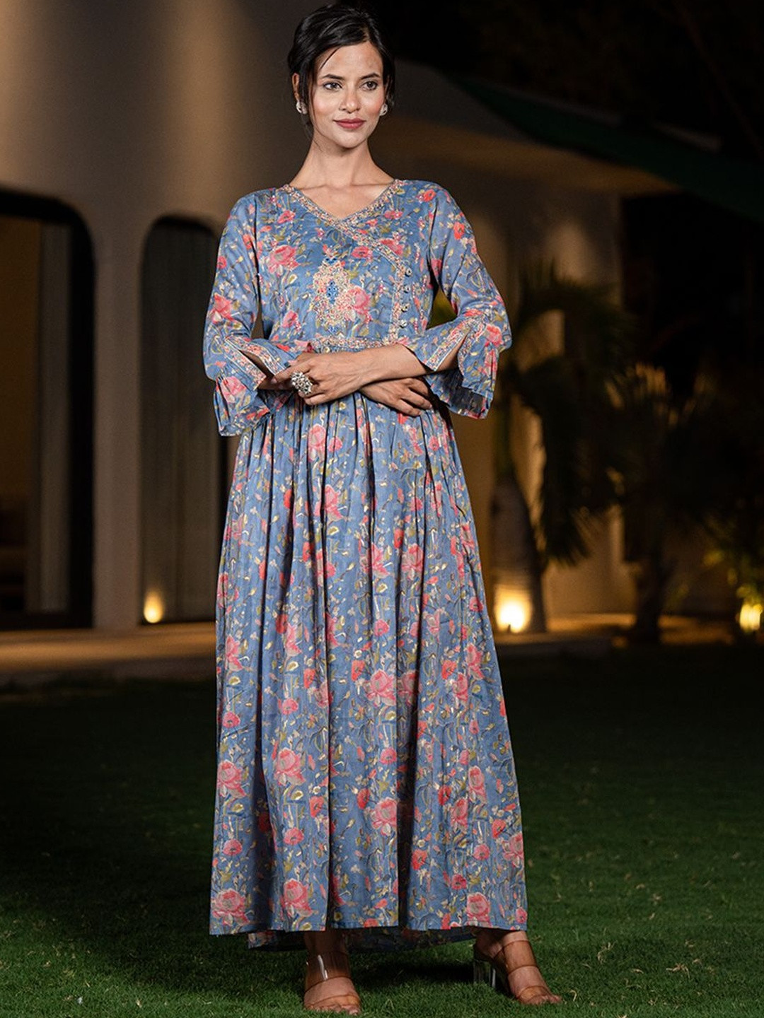 KALINI Women Floral Printed Wrap Style Maxi Dress