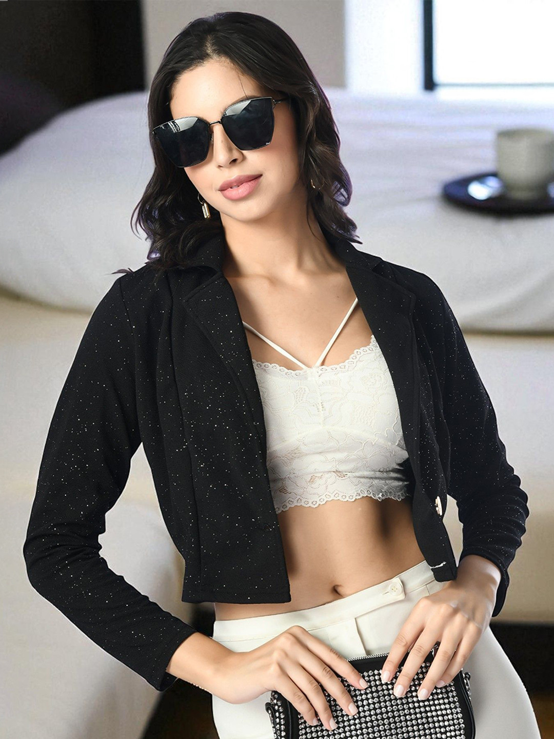 SFOTY Embellished Shimer Button Shrug