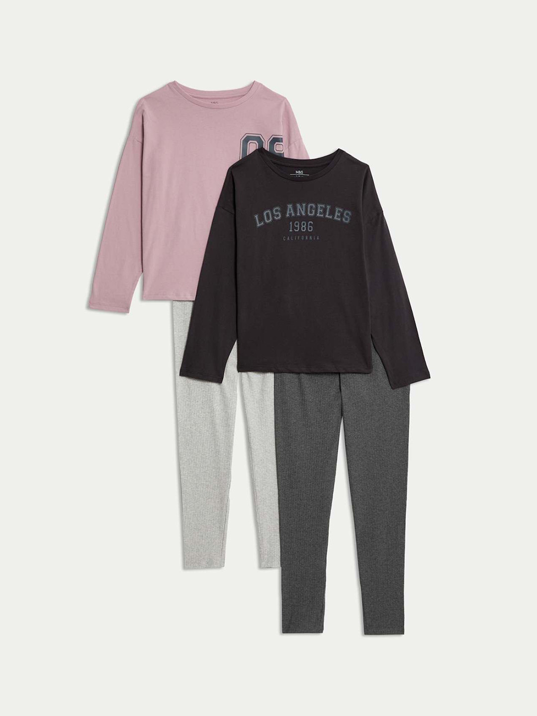 Marks & Spencer Girls Pack Of 2 Printed T-shirt & Pyjamas Night suits T862178MGREY MIX