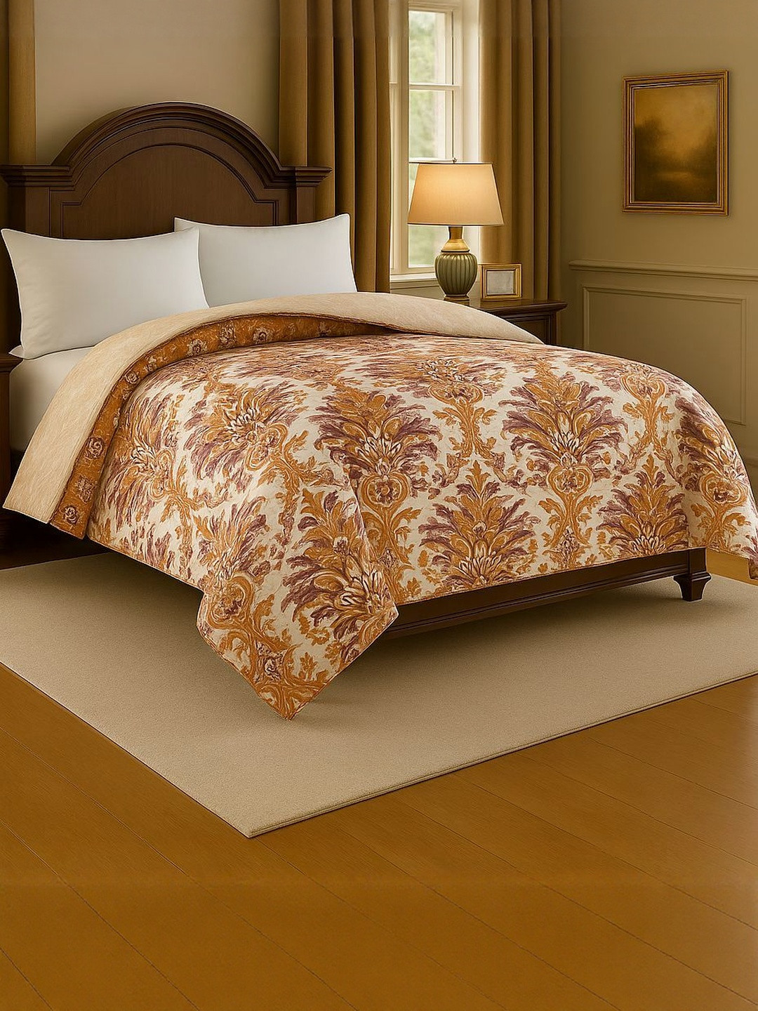 Signature Mustard & Off White Floral Printed Mild Winter 600 GSM Double Bed Comforter