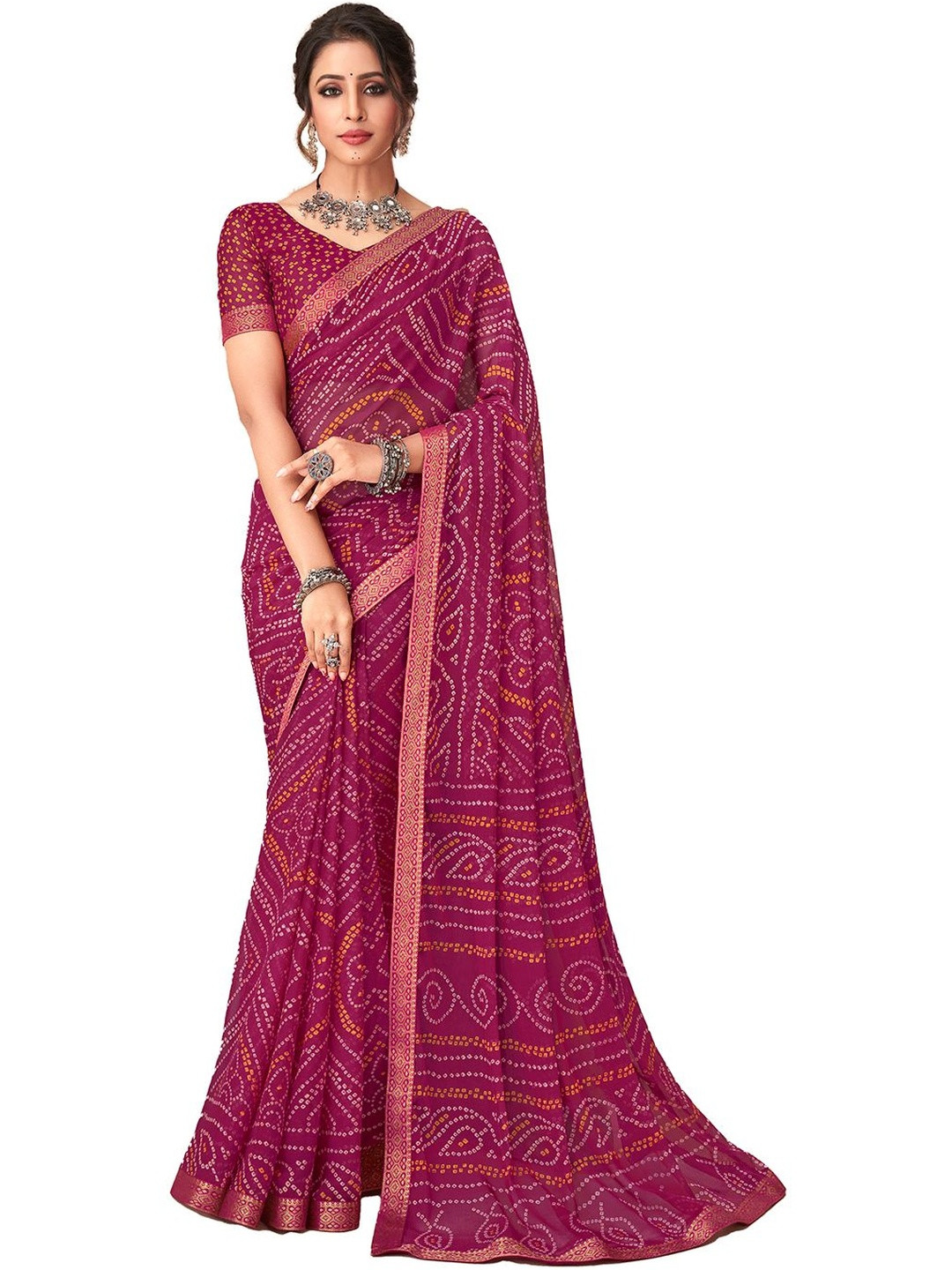INDONIQ Bandhani Printed Bandhani Saree with Unstitched Blouse Piece