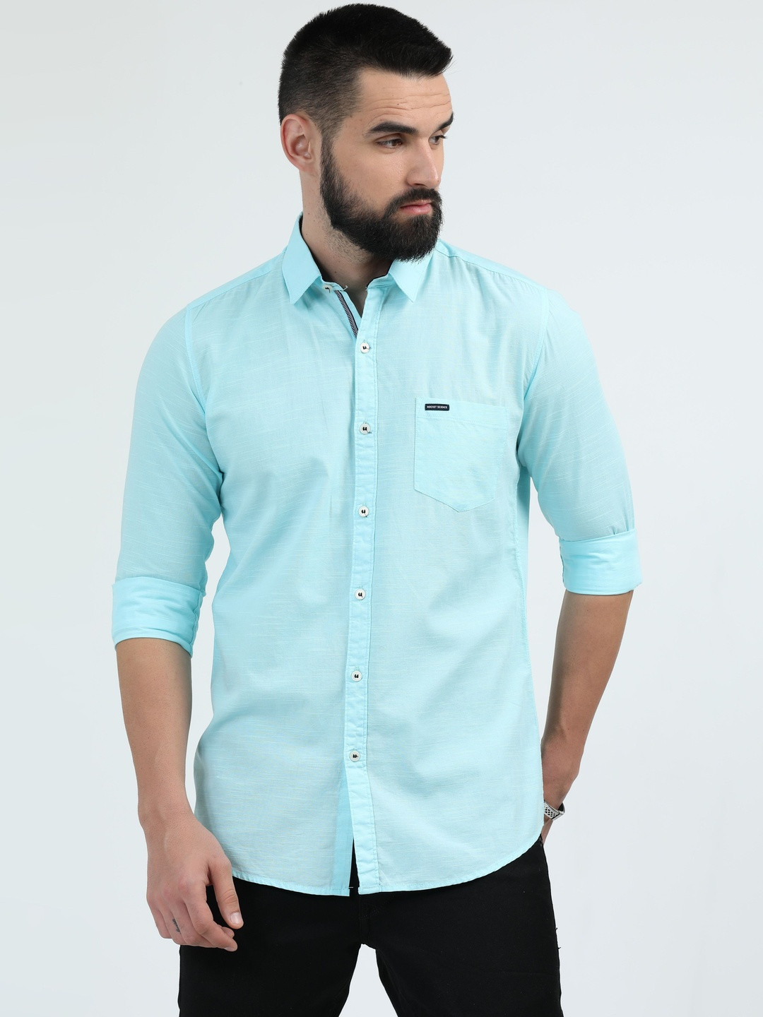 Rocket Science Men Blue Cotton Linen Slim Fit Comfort Shirts