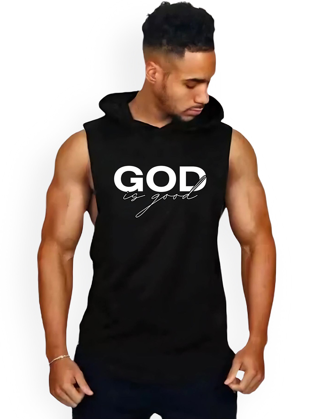 Fashnobic God Is Good Men Printed Hooded Neck Gym Vest