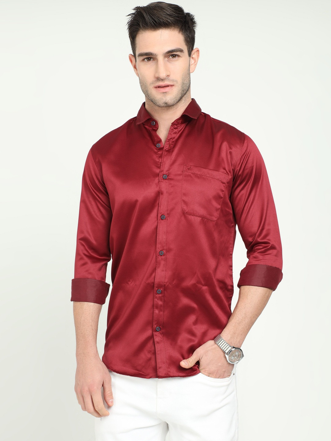 Rocket Science Men Red Satin Slim Fit Comfort Shirts