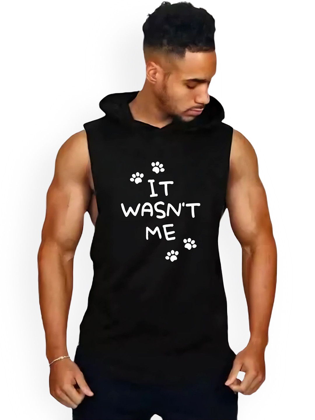 Fashnobic Men It Was Not Me Printed Hooded Neck Gym Vest