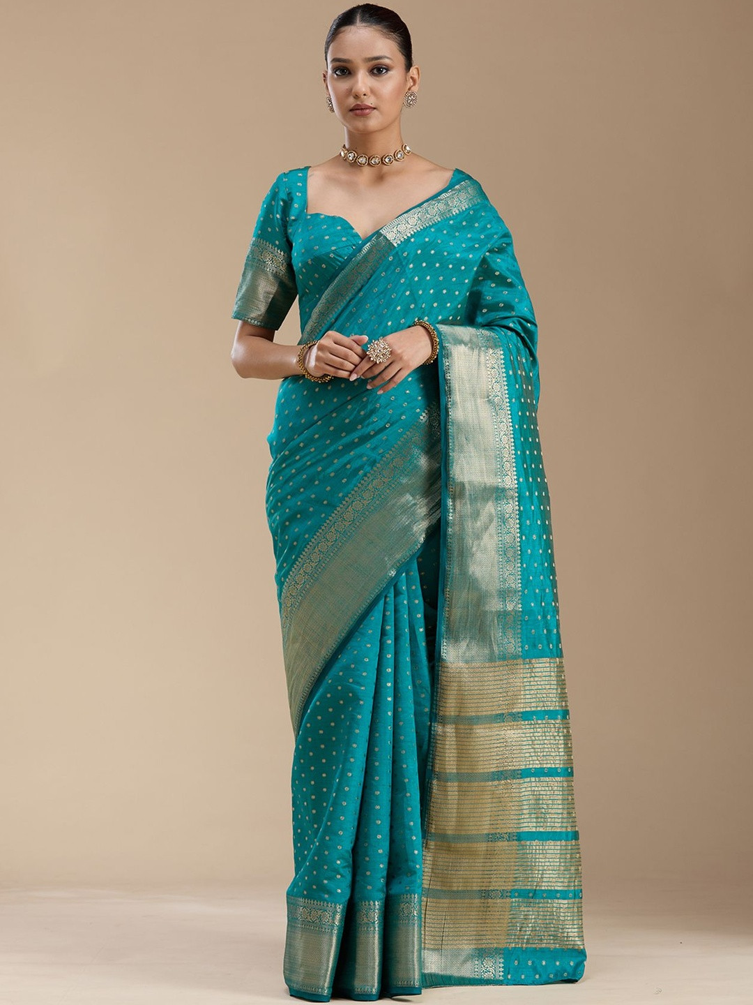 Koskii Turquoise Blue Zari work Tussar Silk Sarees