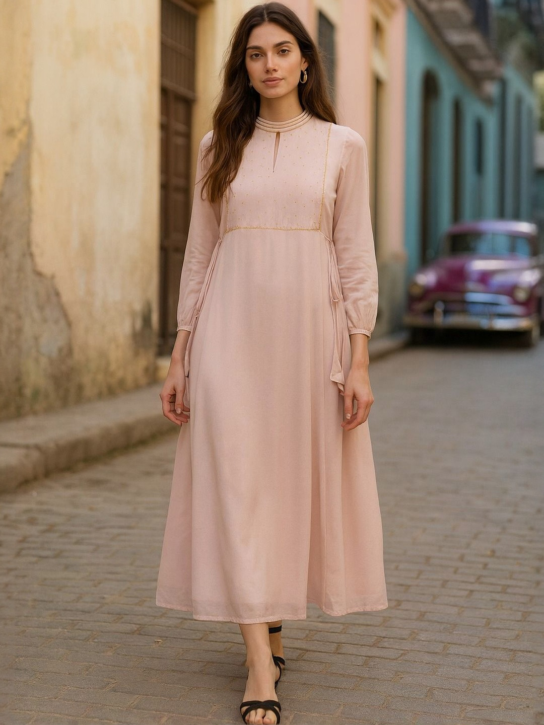 CORSICA Women Geometric Embellished Tie-Ups Mock Neck Georgette Fit and Flare Midi Dress