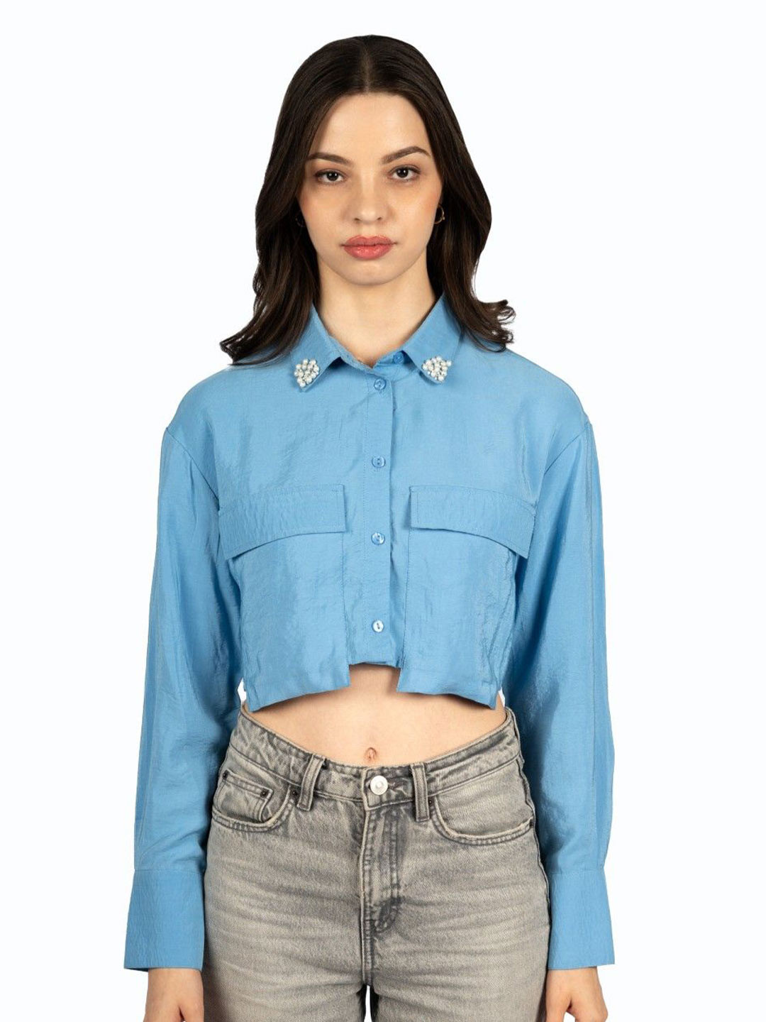 CORY EDGE Women Solid Shirt Style Crop Top